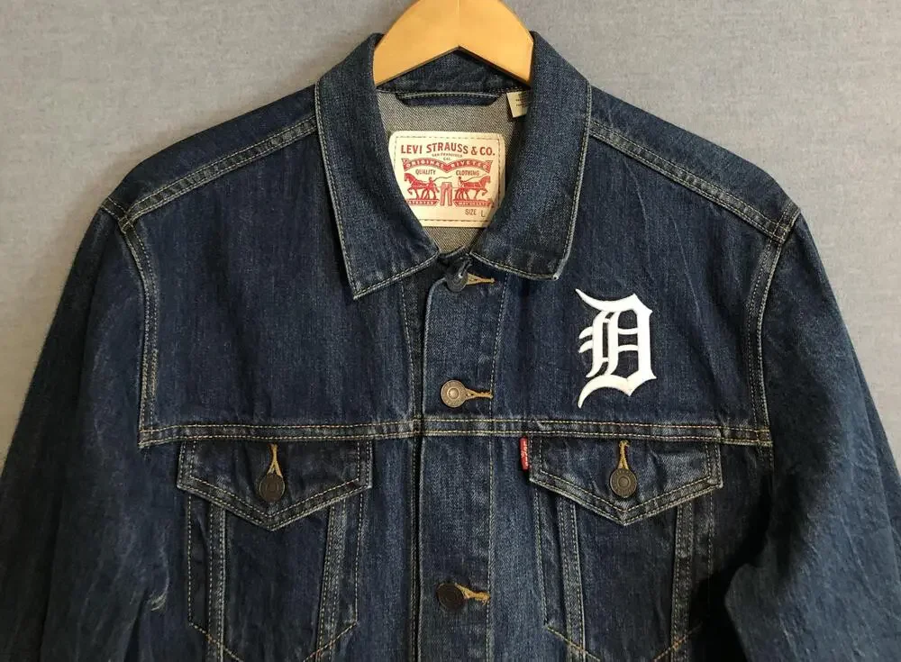 Levis Detroit Tigers Denim Trucker Jacket Mens Large L Blue MLB Baseball Jean